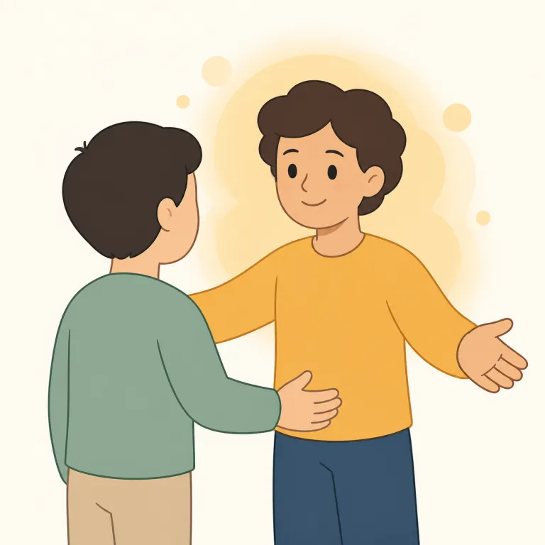 genial（愛想のよい、親しみやすい・形容詞）の覚え方イラスト — genial は『能力が高い genius』ではなく、人柄や場の空気が『感じよい・親しみやすい』こと