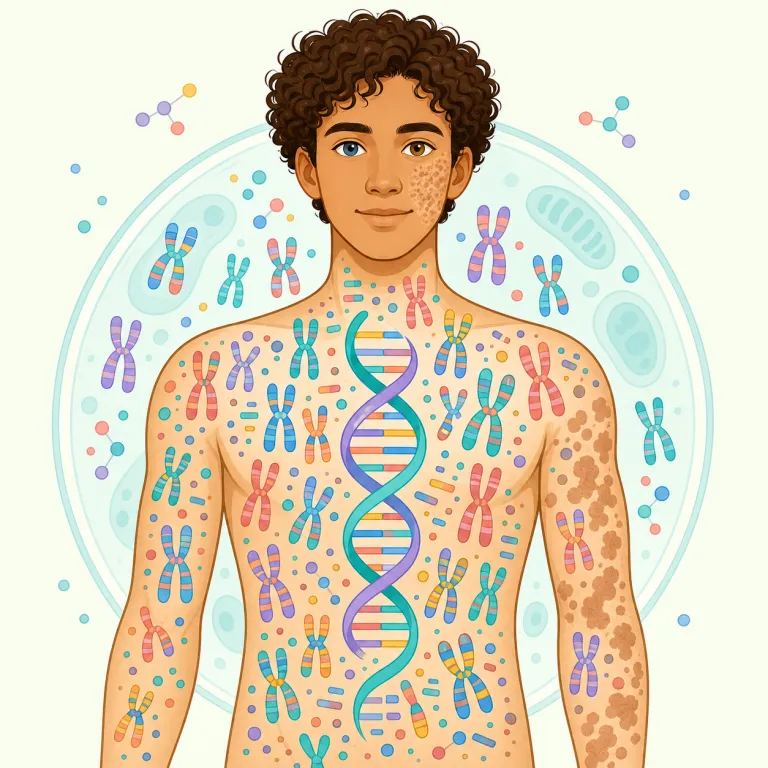 genomically（ゲノム的に・副詞）の覚え方イラスト — gene が個々の「遺伝子」を指すのに対し、genome は生物が持つ遺伝情報の全体です