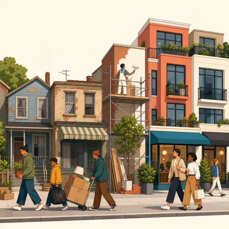 gentrification（ジェントリフィケーション・名詞）の覚え方イラスト — 長い語ですが、覚える核は gentry / genteel 系の「上流・上品」イメージと、-fication の「〜化」です