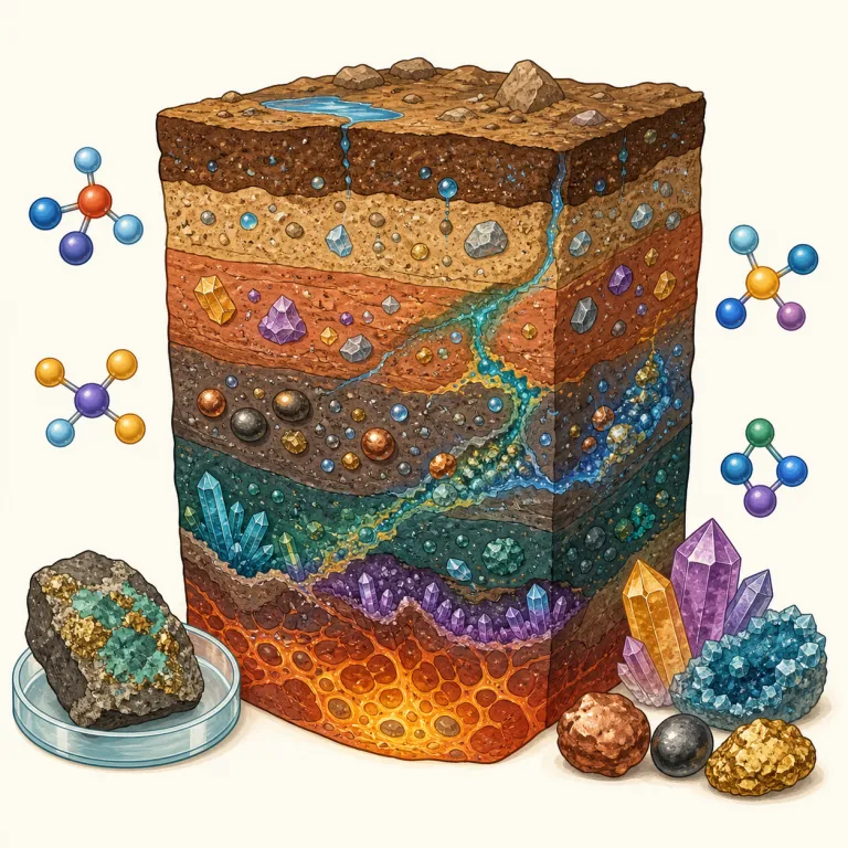 geochemical（地球化学の、地球化学的な・形容詞）の覚え方イラスト — geo- は geography・geology と同じで「地球／地面」、chemical は chemistry の仲間なので、geochemical は…