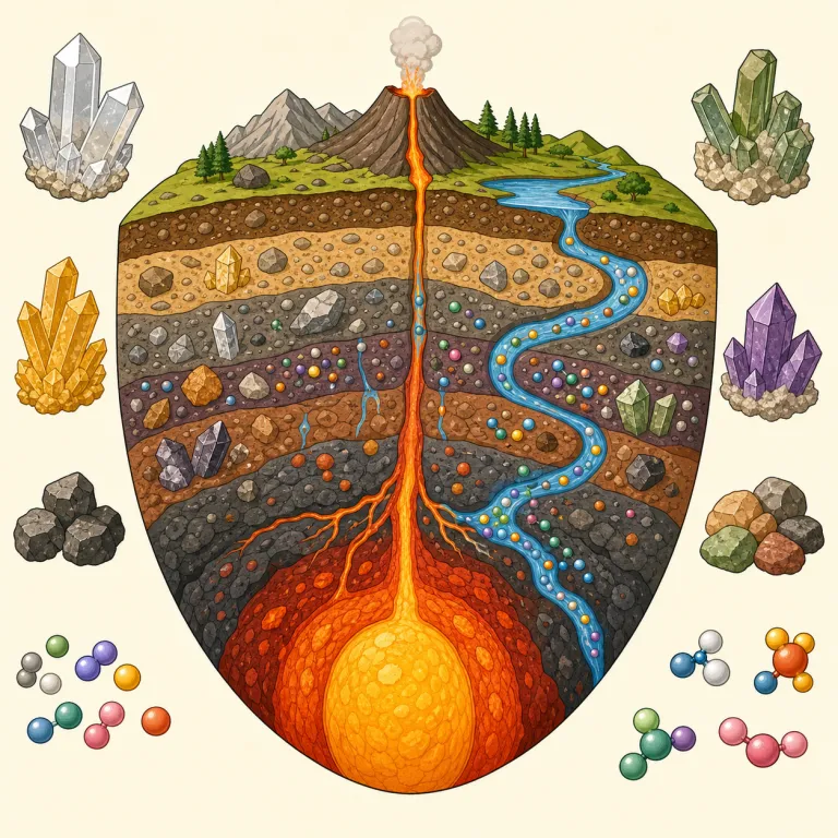 geochemistry（地球化学・名詞）の覚え方イラスト — geo- を geography / geology の「地球・土地」と結びつけ、chemistry を「物質の成分や反応」と置けば、「地球を化学で調べる分野」とまとまって…