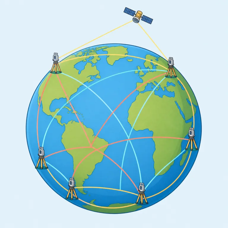 geodetic（測地学の・形容詞）の覚え方イラスト — geodetic は geo「地球」＋ daiein「分ける」に由来する geodesy「測地学」から来た形容詞です
