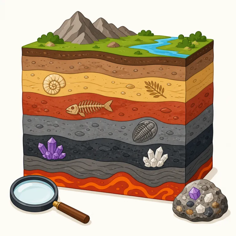 geology（地質学・名詞）の覚え方イラスト — geology は geo- と -logy に分けると覚えやすいです