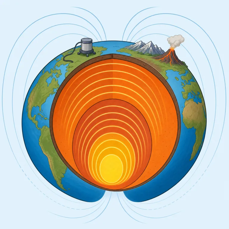 geophysics（地球物理学・名詞）の覚え方イラスト — geography と geology の geo を見たら「地球・土地の話」、physics が付いたら「物理で説明する話」と整理すると覚えやすい語です