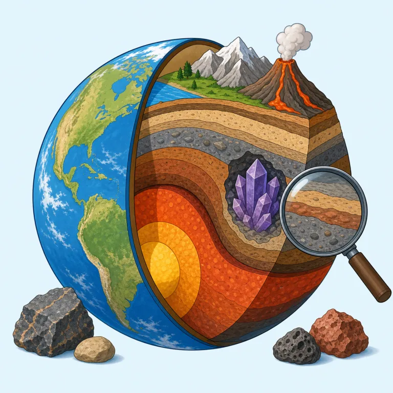 geoscience（地球科学・名詞）の覚え方イラスト — geo- は geography, geology, geometry でも見る「地球・地面」の感覚、science はそのまま「科学」