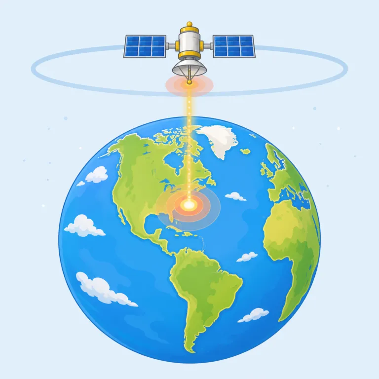 geosynchronous（地球同期の・形容詞）の覚え方イラスト — `synchronous` は `sync` と同じく「時間や動きが合っている」という意味です