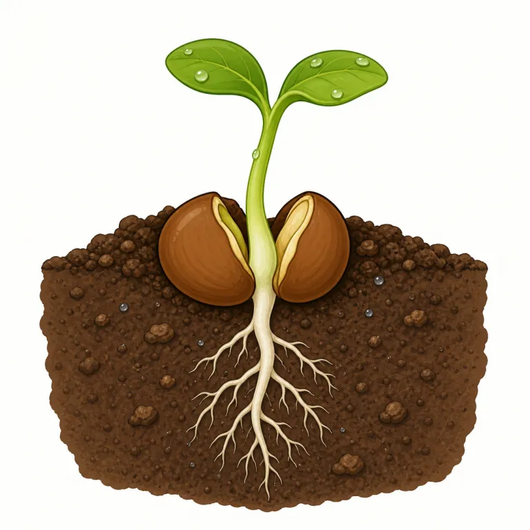 germination（発芽・名詞）の覚え方イラスト — まず動詞 germinate「芽を出す」を知っていると覚えやすく、germination はその名詞形で「発芽という過程」