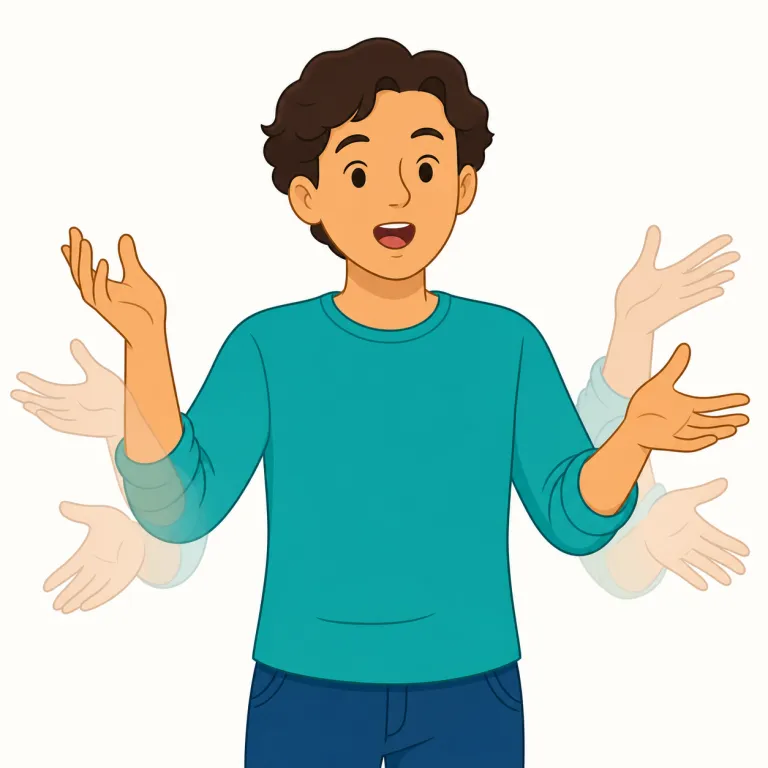 gesticulate（身振りをする・動詞）の覚え方イラスト — gesture を知っていれば覚えやすい語です