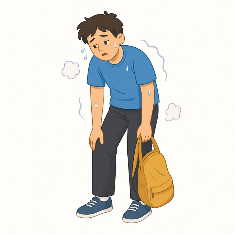 get tired（疲れてくる・句動詞）の覚え方イラスト — get は「手に入れる」だけでなく「その状態になる」でも頻出