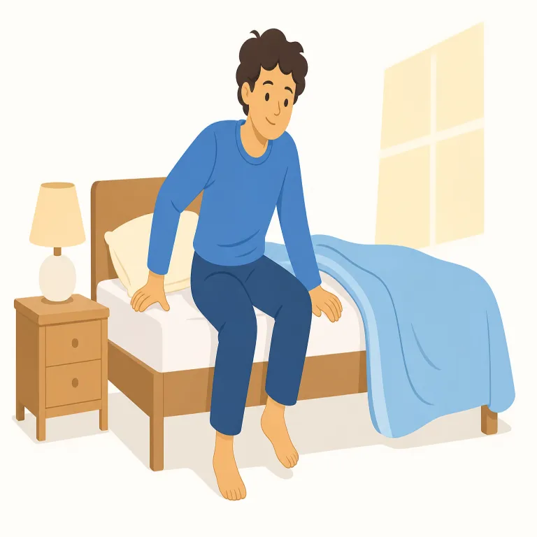 get up（起きる・句動詞）の覚え方イラスト — この get up は、眠っている状態から朝や休憩後に活動を始める「起きる」を表します
