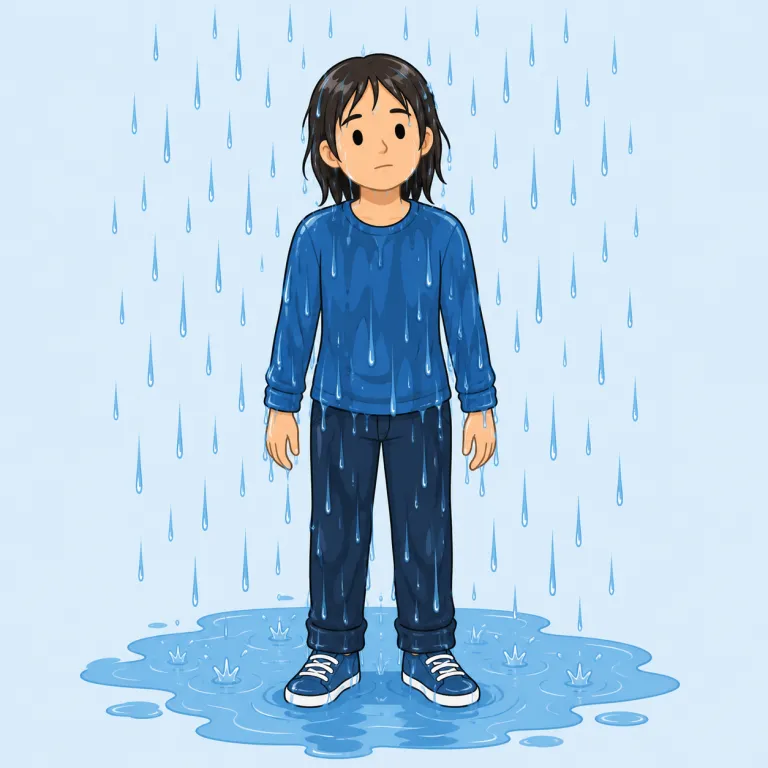 get wet to the skin（ずぶ濡れになる・イディオム）の覚え方イラスト — get は「ある状態になる」、wet は「濡れた」、skin は「皮膚」と分けて押さえると覚えやすいです