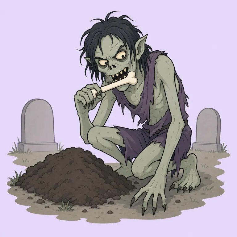 ghoul（グール・名詞）の覚え方イラスト — ghost のような「ただの幽霊」ではなく、grave・corpse・墓場のイメージと結びつけると覚えやすい語です