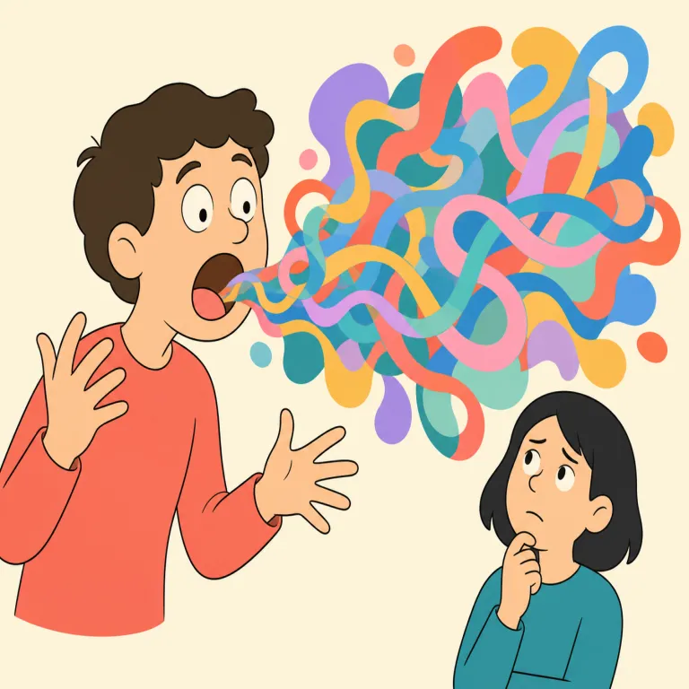 gibbering（支離滅裂にしゃべる・動詞）の覚え方イラスト — まず名詞の gibberish「わけの分からない話」を知っていると覚えやすいです
