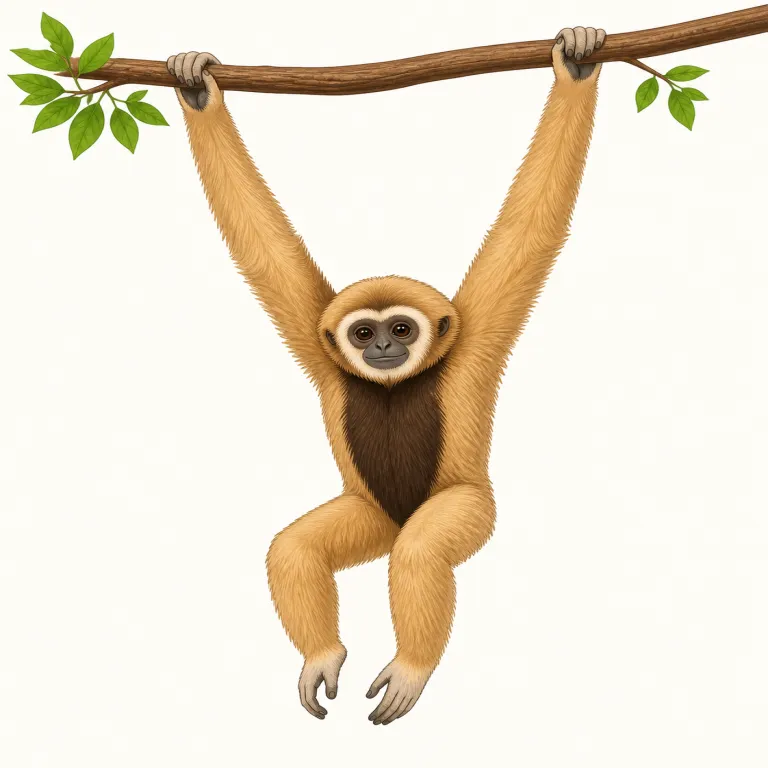 gibbon（テナガザル・名詞）の覚え方イラスト — gibbon は、まず「サル一般」ではなく「長い腕で木から木へ swing する小型の類人猿」と場面で覚えると残りやすい語です