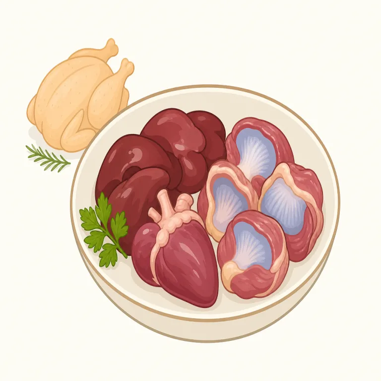 giblets（もつ・名詞）の覚え方イラスト — giblets は単数より複数形で見ることが多く、「鳥から取れる細かな食用パーツ一式」とまとめて覚えると残りやすいです
