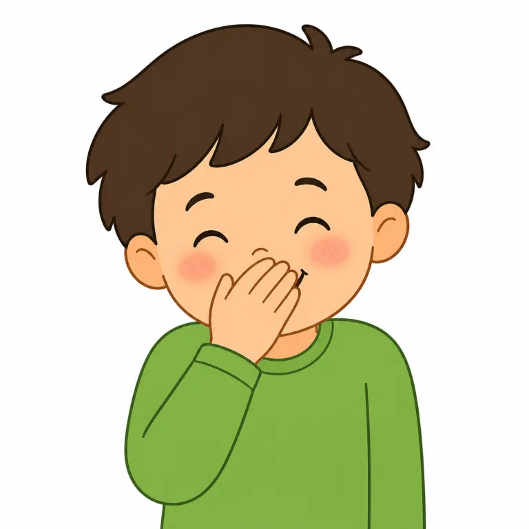 giggle（くすくす笑う・動詞）の覚え方イラスト — 動詞としては、口を閉じ気味にして小さな笑いが何度かこぼれる動きを思い浮かべると定着します