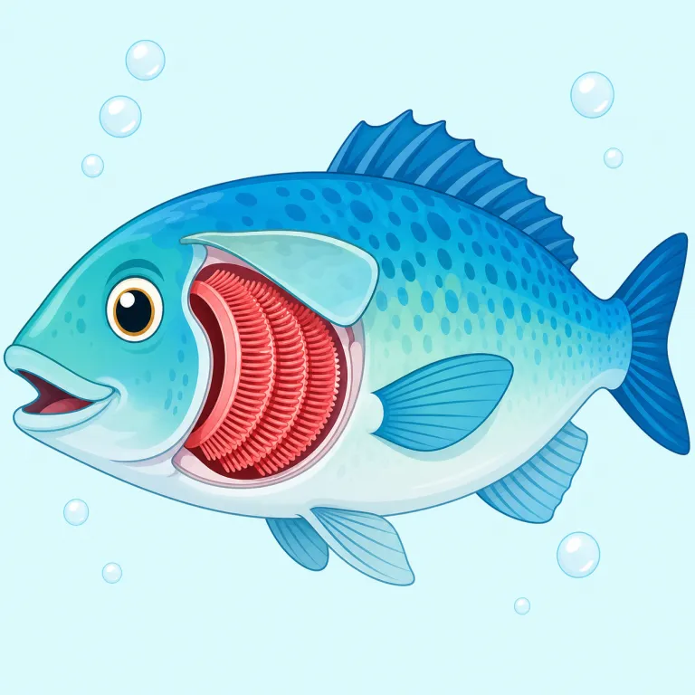 gill（えら・名詞）の覚え方イラスト — 魚の頭の横に並ぶ呼吸器官を思い浮かべる