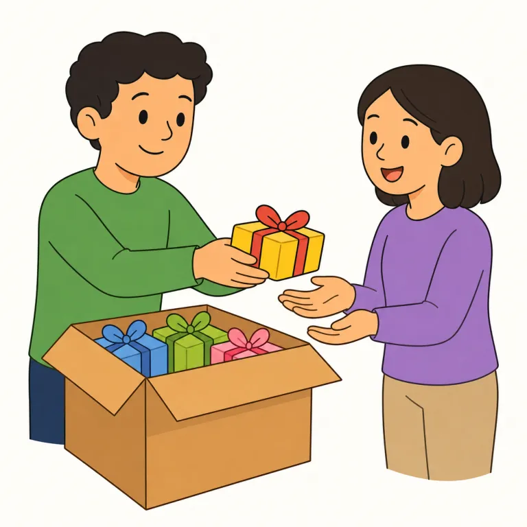 give away（無料で配る・句動詞）の覚え方イラスト — give は「与える」、away は「手元から離して外へ」の感覚です