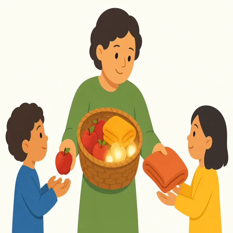 give of（分け与える・句動詞）の覚え方イラスト — まず基本の give「与える」を土台にし、of を「自分の持ち物・内側から出して」という感覚で重ねると覚えやすいです