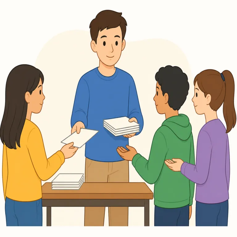 give out（配る・句動詞）の覚え方イラスト — give out の「配る」は、give「与える」に out「外へ広げる」が加わり、手元の物や情報を複数の人へ回していくイメージです