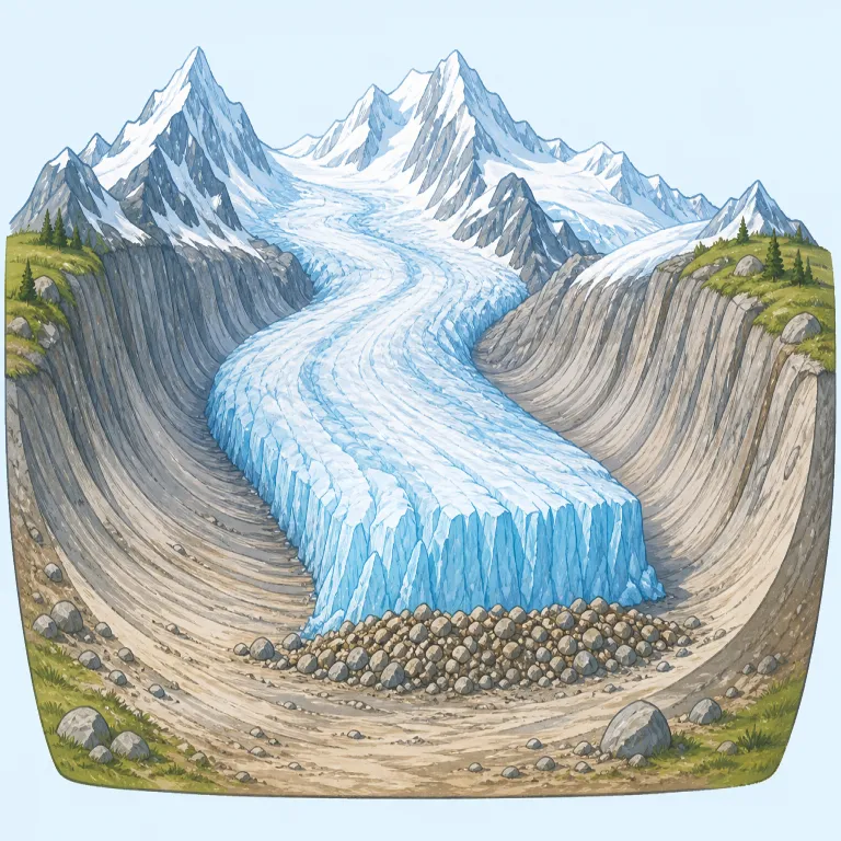 glaciation（氷河作用・名詞）の覚え方イラスト — glacier（氷河）を知っていれば、その名詞化だと考えると覚えやすいです