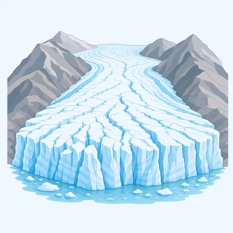 glacier（氷河・名詞）の覚え方イラスト — ice をただ巨大化したものではなく、「山に積もった雪が長年圧縮され、川のように少しずつ流れる氷」と場面ごと覚えると残りやすい