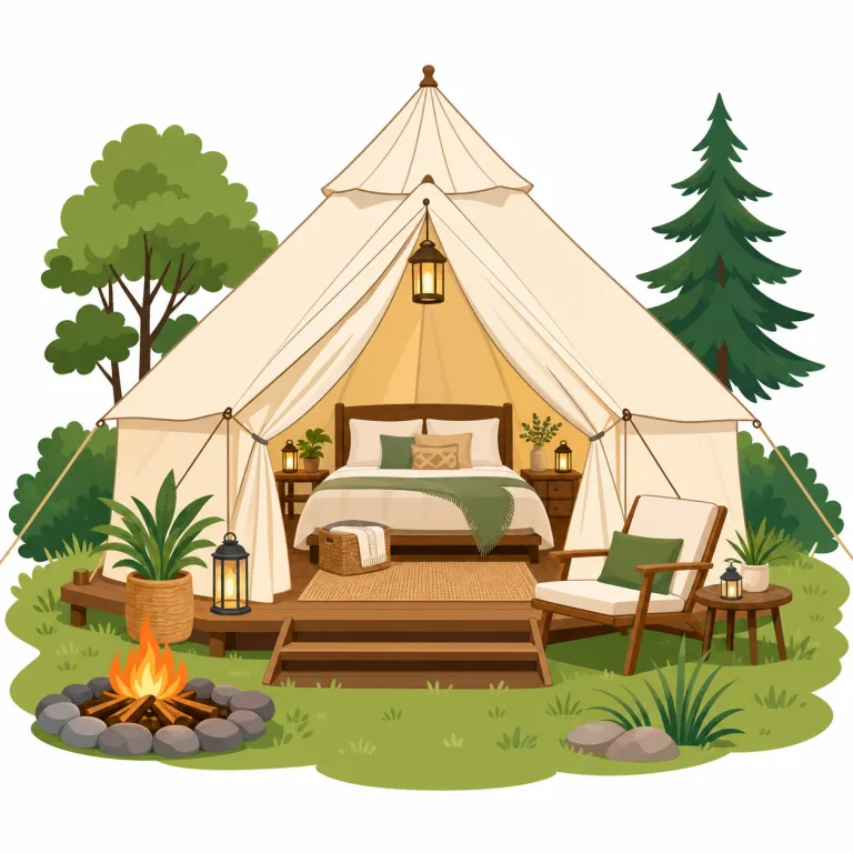 glamping（グランピング・名詞）の覚え方イラスト — camping が分かれば、glamping は「camping の豪華版」と置くと覚えやすいです
