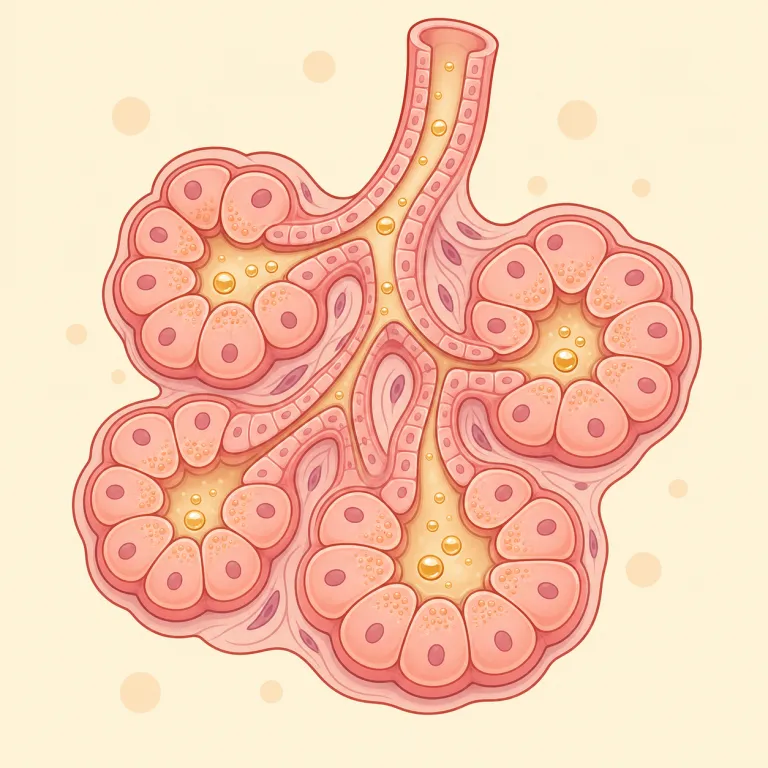 glandular（腺状の・形容詞）の覚え方イラスト — まず基礎語の gland「腺」を押さえると、glandular は「腺に関する」がそのまま見えます