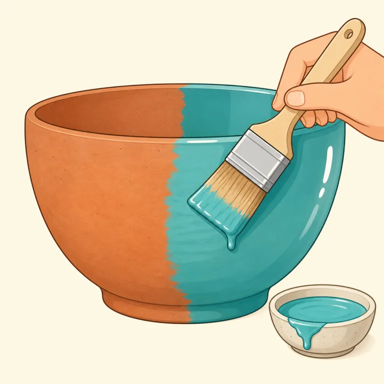 glaze（釉薬・名詞）の覚え方イラスト — glaze は glass と近い語感を持ち、「ガラスのようなつやのある薄い層」を思い浮かべると覚えやすい