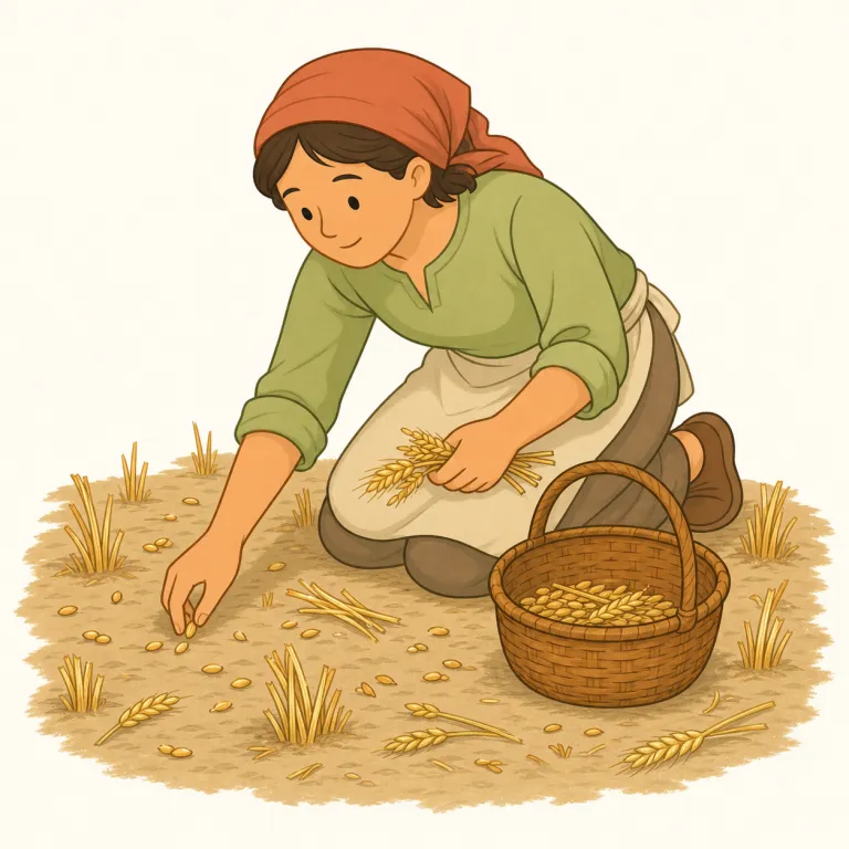 glean（少しずつ集める・動詞）の覚え方イラスト — glean は collect や gather よりも、散らばった小さな材料を一つずつ拾って意味を作る感じが強い語です