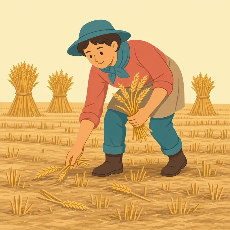 gleaning（落ち穂拾い・名詞）の覚え方イラスト — gleaning はまず動詞 glean を核に覚えると定着しやすいです