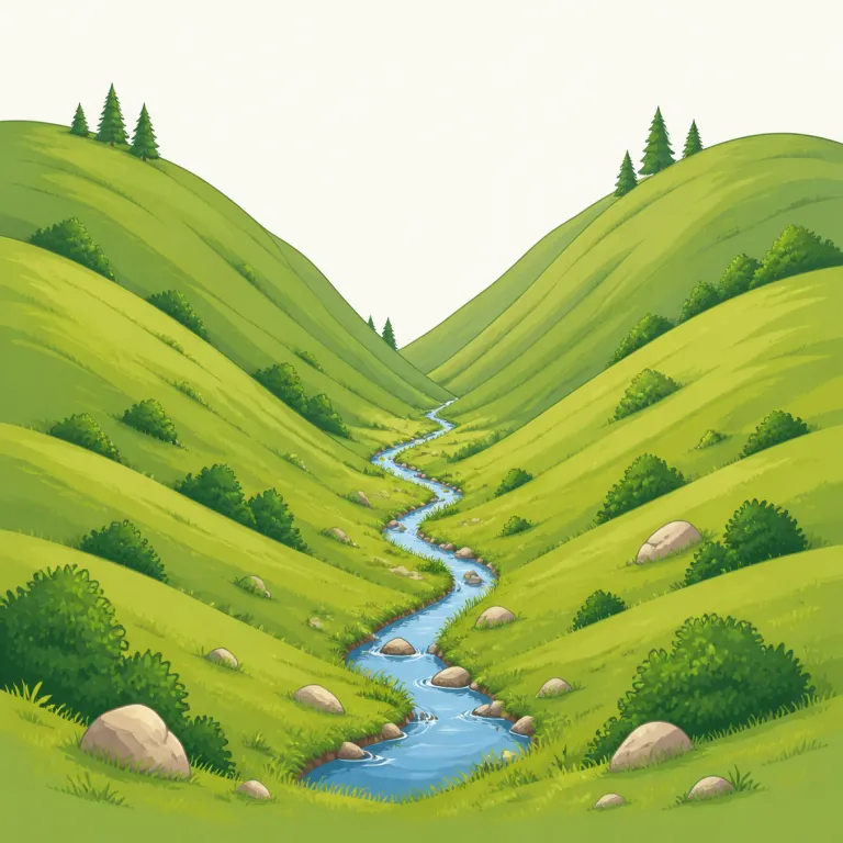 glen（峡谷・名詞）の覚え方イラスト — valley が基本語なら、glen はその中でも『山あいの小さめで静かな谷』という絵で覚えると残りやすいです