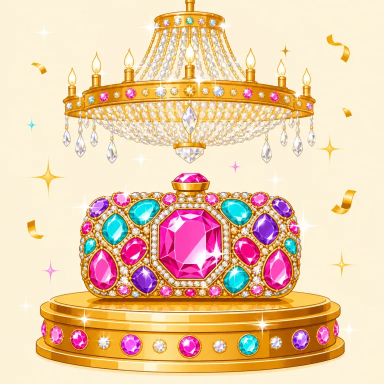 glitz（派手な魅力・名詞）の覚え方イラスト — glitter「きらきら輝く」と結び付け、光沢のある衣装や豪華な会場が人目を奪う場面を思い浮かべると定着しやすい語です