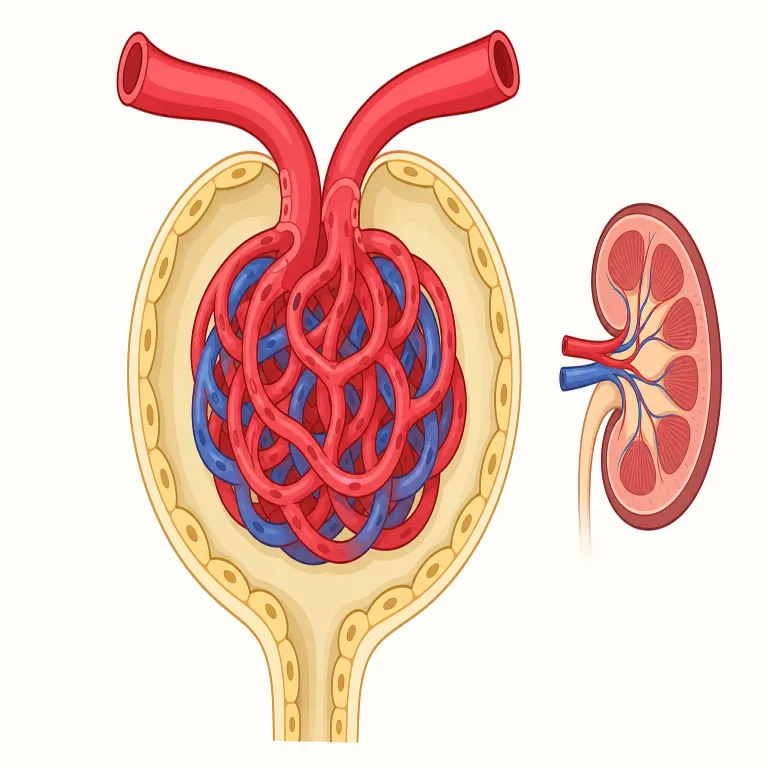 glomerular（糸球の・形容詞）の覚え方イラスト — glomerular は glomerulus「小さな丸い集まり、糸球」から来た形容詞で、-ar / -ular は cellular「細胞の」や vascular「血管の」と…