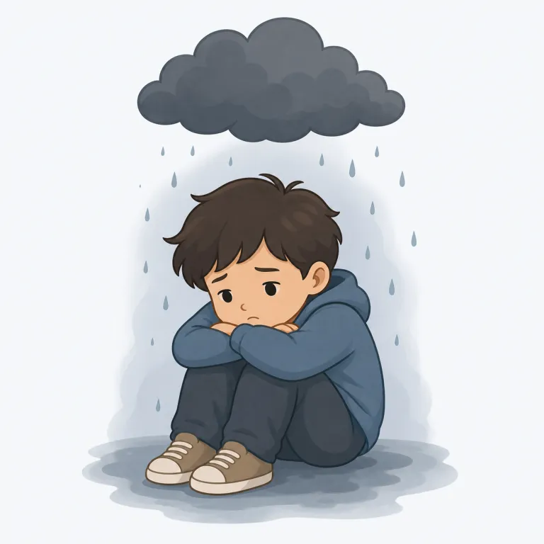 gloomy（暗い・形容詞）の覚え方イラスト — このエントリの gloomy は、気分の「憂鬱な」という基本義とは別に、場所・天気・部屋などが光に乏しく、重苦しく見える「暗い」を表す用法として覚えます