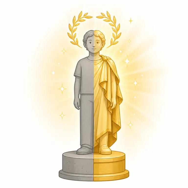 glorification（美化・名詞）の覚え方イラスト — glory（栄光）→ glorify（栄光あるものとして持ち上げる）→ glorification（そうすること）と、基本語から派生でたどると覚えやすい