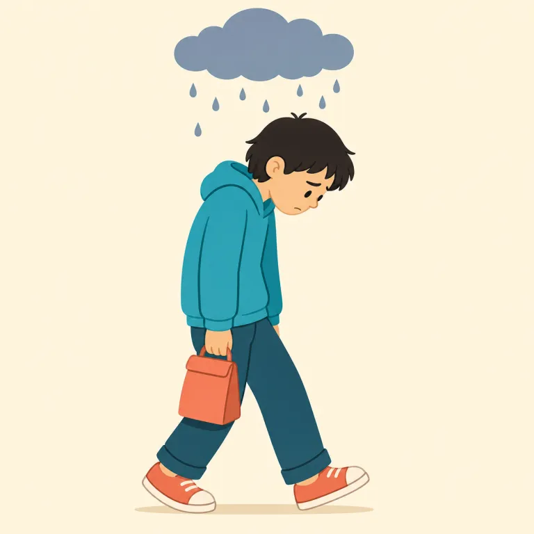 glumly（陰気に・副詞）の覚え方イラスト — glum「浮かない、沈んだ」＋-ly「〜に」と覚え、試験に落ちて肩を落とし、無言で結果を見る場面をイメージします