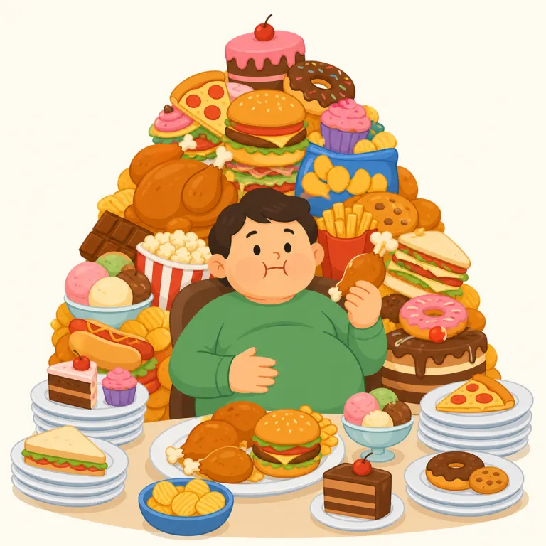 gluttony（暴食・名詞）の覚え方イラスト — gluttony は glutton（大食漢、食べ過ぎる人）に抽象名詞を作る -y が付いた語として見ると覚えやすいです