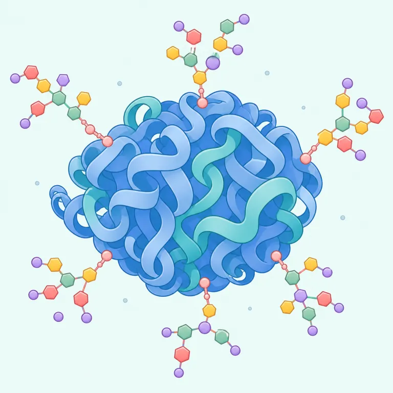 glycoprotein（糖タンパク質・名詞）の覚え方イラスト — まず protein を軸に見て、「-protein で終わるならタンパク質の仲間」と整理すると覚えやすい語です