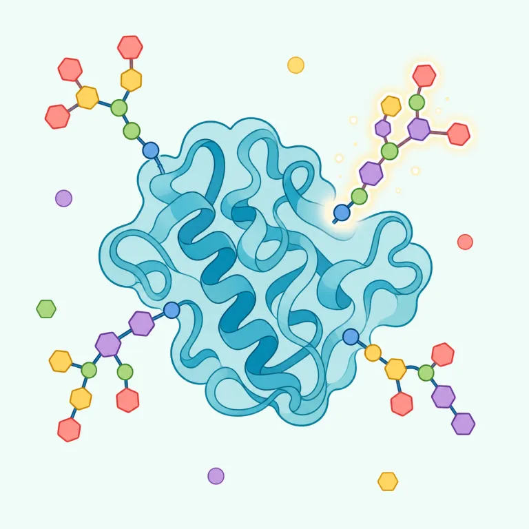 glycosylation（グリコシル化・名詞）の覚え方イラスト — グリコシル化は、生化学論文や医薬品品質評価でそのまま使われる専門語として覚えるとよい語です