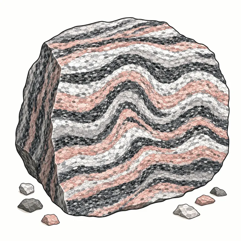 gneiss（片麻岩・名詞）の覚え方イラスト — 発音は nice と同じ /naɪs/ なのに、綴りは gneiss とかなり特殊、このギャップ自体を記憶フックにすると残りやすい語です