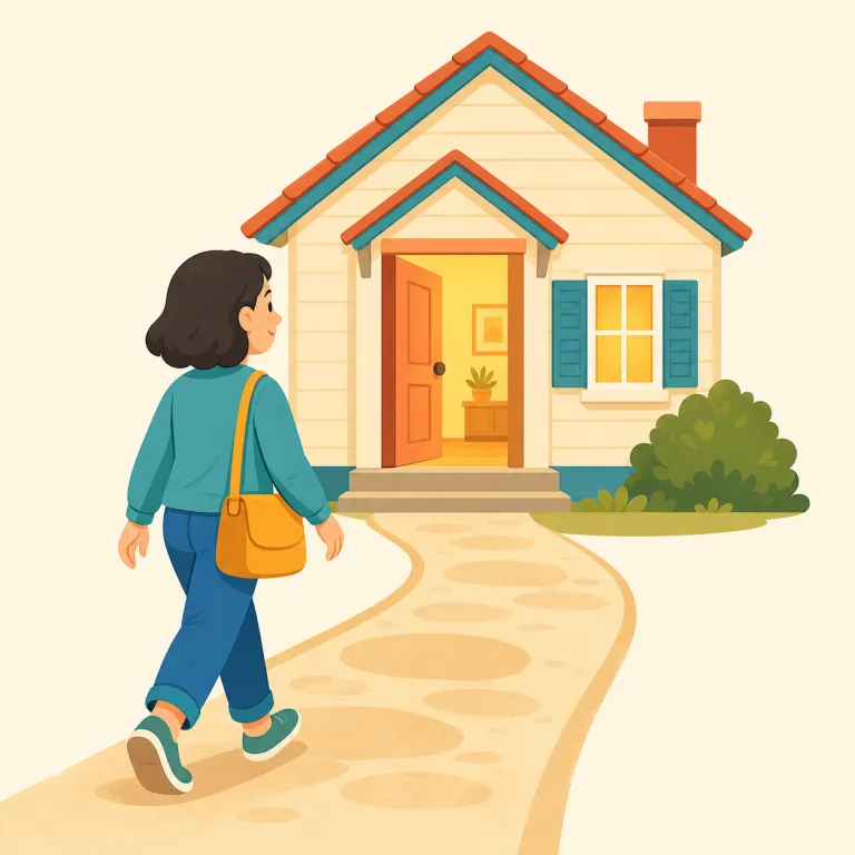 go home（帰宅する・句動詞）の覚え方イラスト — go は「話し手から離れていく」動きなので、今いる外出先から家へ向かう感覚で go home