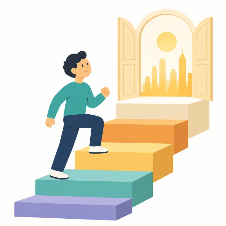 go places（成功する・イディオム）の覚え方イラスト — go places は直訳すると「いろいろな場所へ行く」ですが、比喩的に「出世する、成功する見込みがある」を表す idiom です
