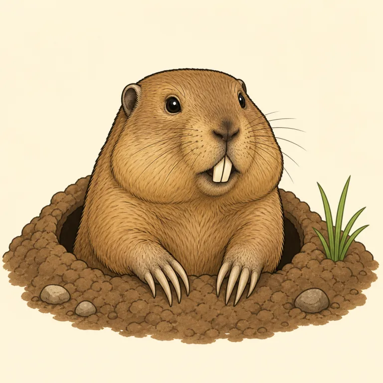 gopher（ゴーファー (北米の地中ネズミ)・名詞）の覚え方イラスト — gopher は、まず「地下でせっせと穴を掘る北米の小動物」という映像で覚えると定着しやすいです