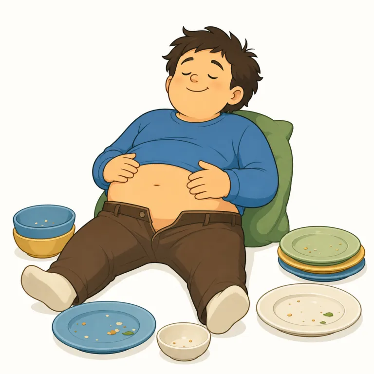 gorged（食べ過ぎた・形容詞）の覚え方イラスト — gorged は、単に「お腹がいっぱい」というより、「がつがつ食べて食べ過ぎた」という過剰さを含む形容詞です