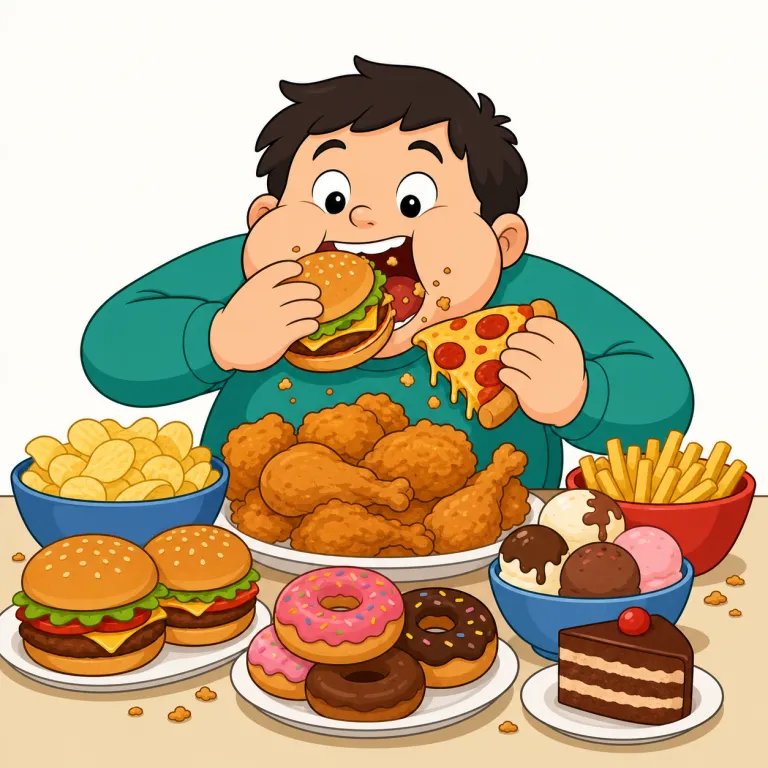 gorging（むさぼり食う・動詞）の覚え方イラスト — このエントリの gorging は、ただ腹いっぱい食べるという基本義ではなく、食べ物を我慢なくがつがつ詰め込む「むさぼり食う」感じを表します