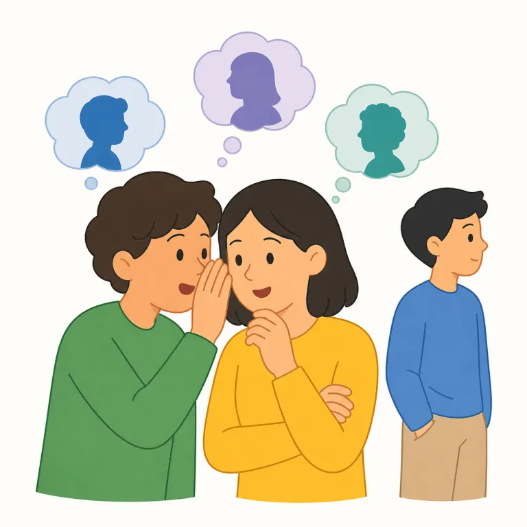gossip（うわさ話、ゴシップ・名詞）の覚え方イラスト — gossip はまず名詞で「うわさ話」を知り、そこから動詞「うわさ話をする」に広げると覚えやすいです