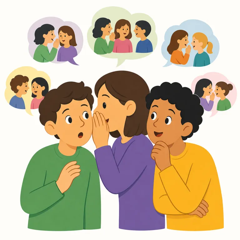 gossipy（うわさ好きな・形容詞）の覚え方イラスト — gossipy は人の性質を表し、「他人の私事を話題にしたがる、うわさ好きな」という意味です