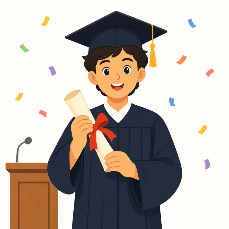 graduate（卒業する・動詞）の覚え方イラスト — 動詞の graduate は、単に「学校を終える」ではなく、教育制度の中で単位・試験・要件を満たし、次の段階へ進める状態になることを表します