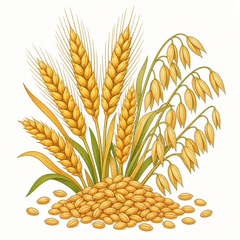 grain（穀物・名詞）の覚え方イラスト — この grain は「粒」という基本義そのものではなく、食料作物としての「穀物」を表す用法です
